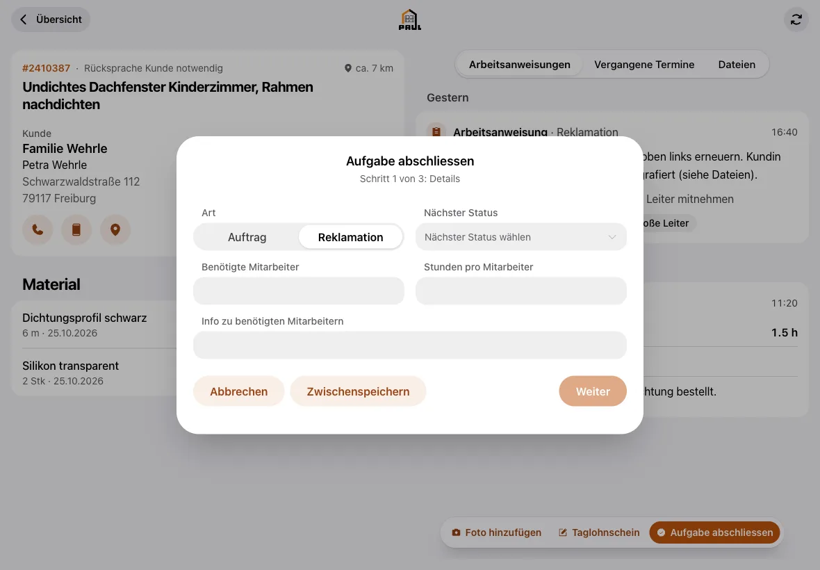 Auftrag in der Außendienst-App abschließen