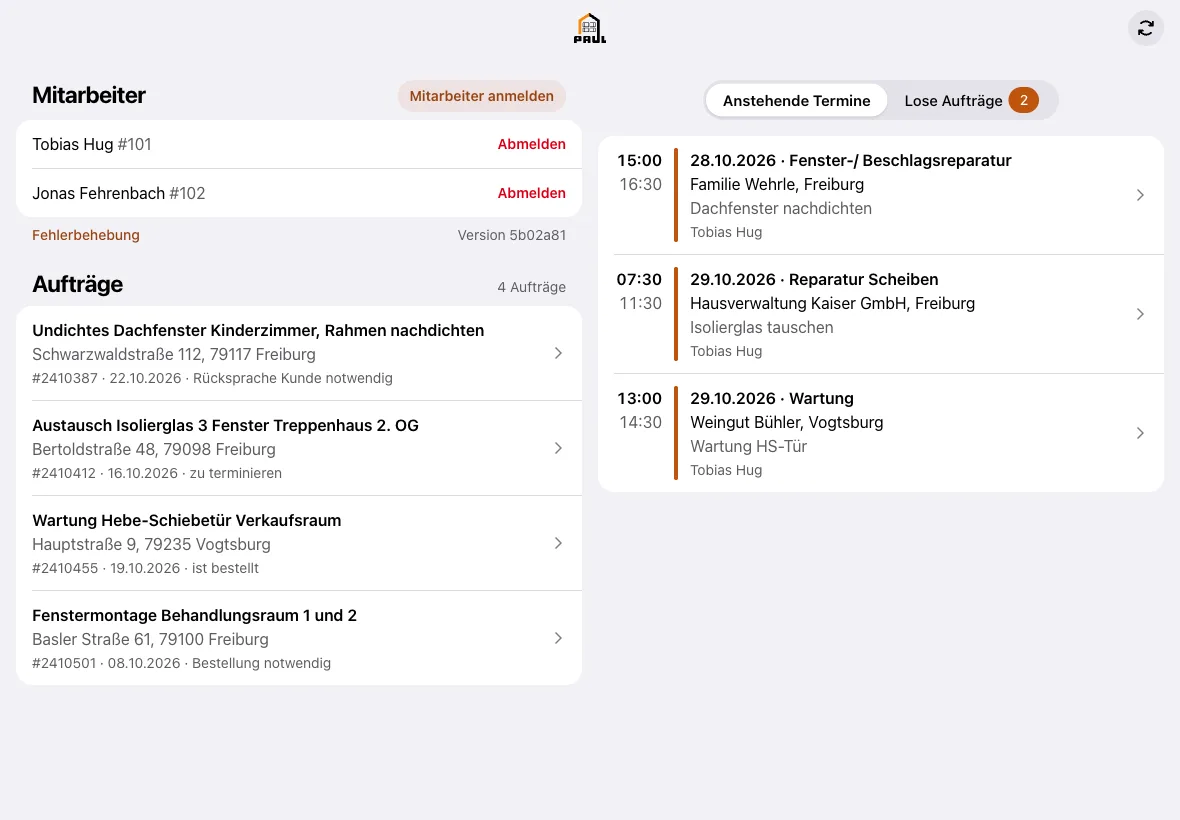 Handwerker-App mit Aufträgen und Terminen