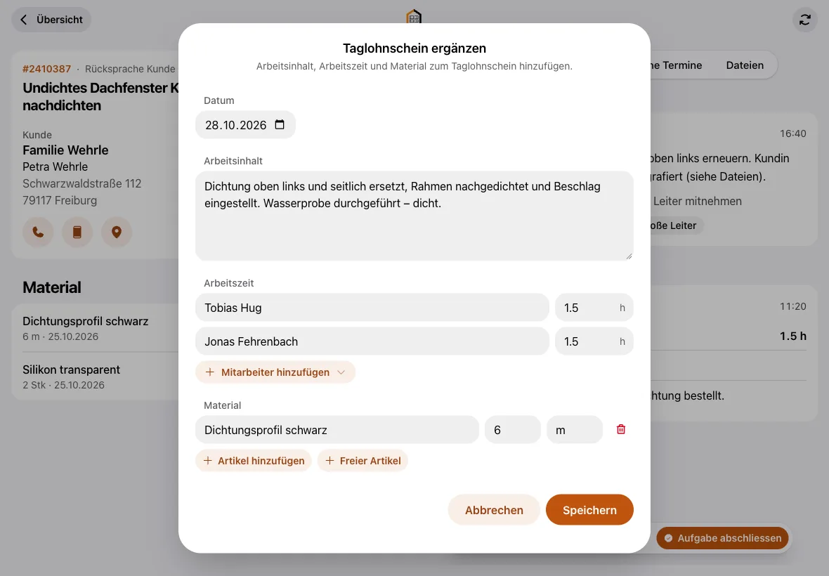Digitaler Stundenzettel mit Arbeitszeit und Material