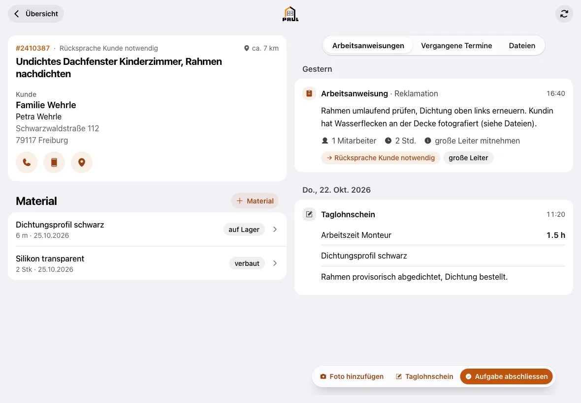 Beispiel einer App für Monteure: Auftrag mit Kunde, Material und Arbeitsanweisung