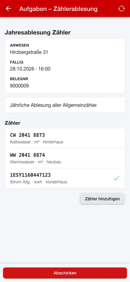 Zählerliste eines Objekts in der Hausmeister-App