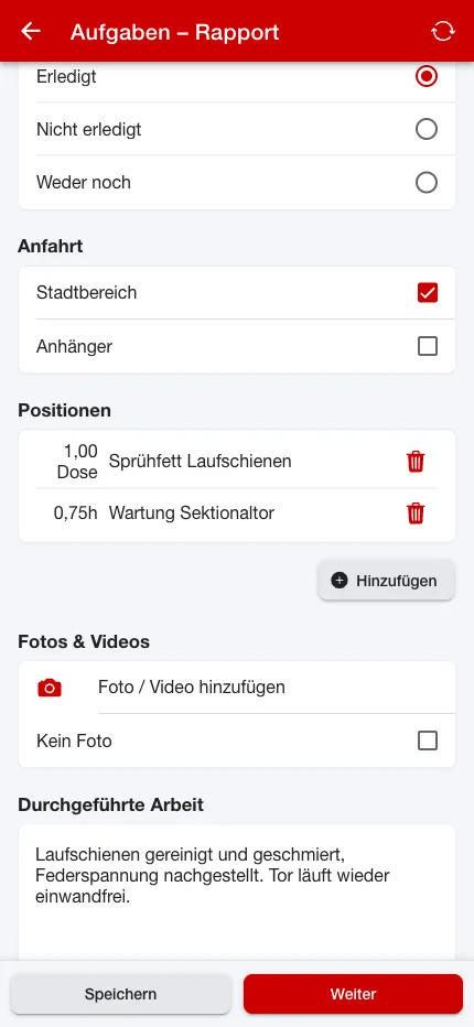 Arbeitsbericht mit Positionen in der Hausmeister-App