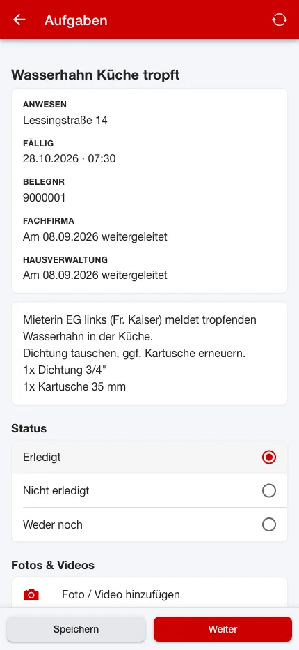 Auftrag mit Status und Fotos in der Hausmeister-App