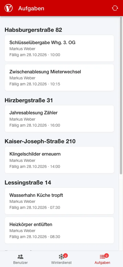 Hausmeister-App mit Aufträgen sortiert nach Objekt