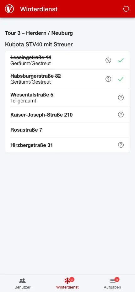Hausmeister-App: Winterdienst-Tour mit Status pro Objekt