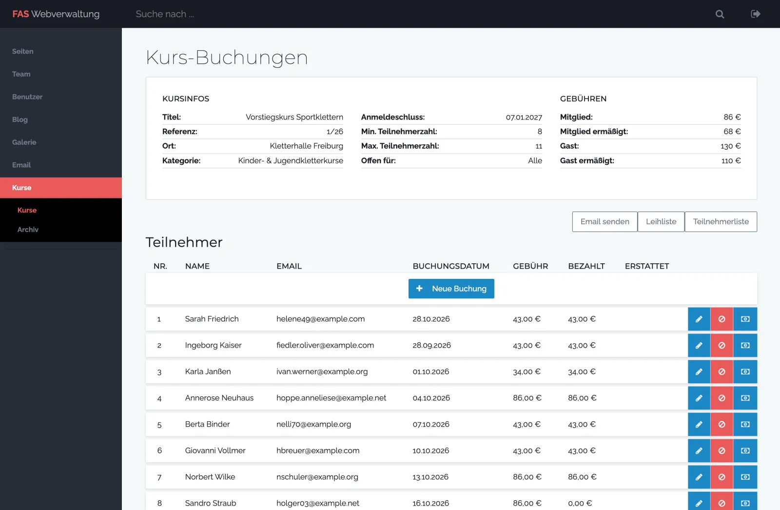 Verwaltung der Buchungen eines Kurses mit Gebühren und Zahlungsstatus