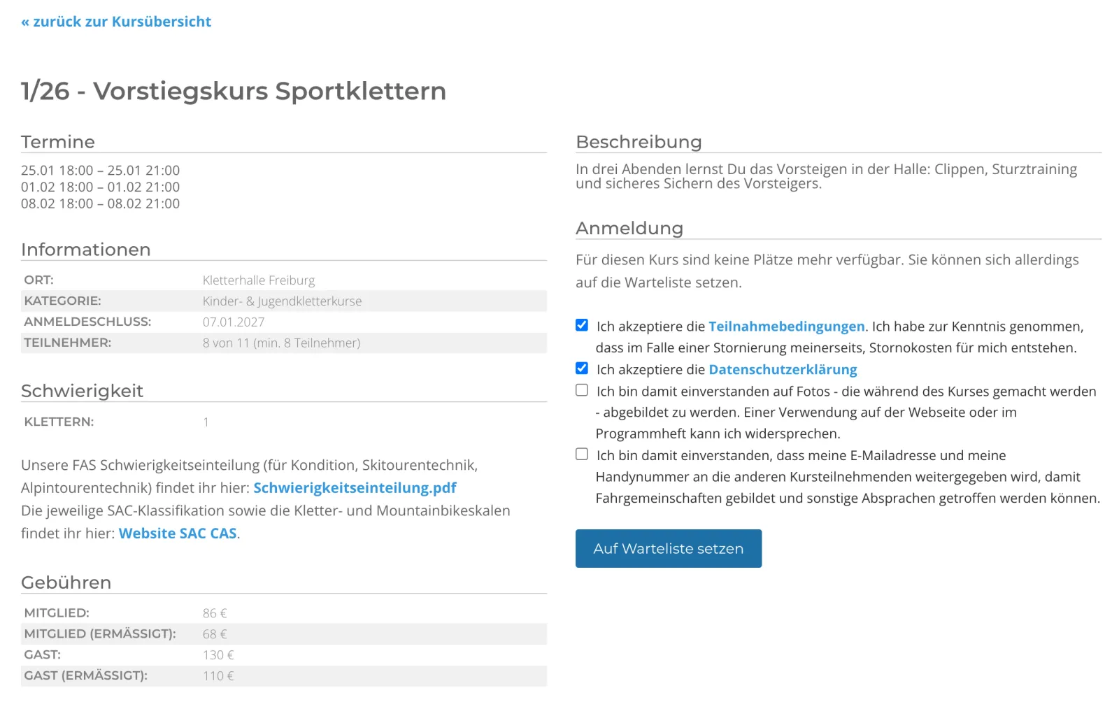 Kursseite mit Terminen, Gebühren und Anmeldung zur Warteliste