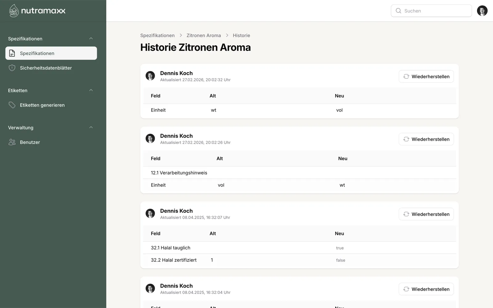 nutramaxx Bearbeitungshistorie einer Spezifikation