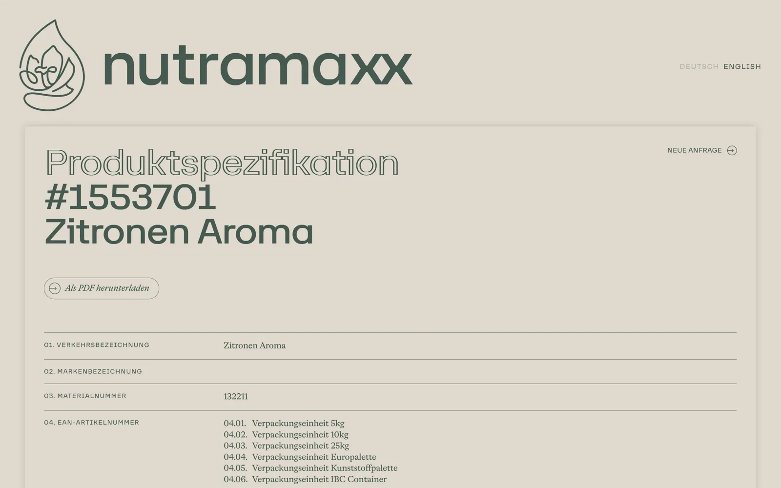 nutramaxx Kundenportal – Spezifikations-Ansicht