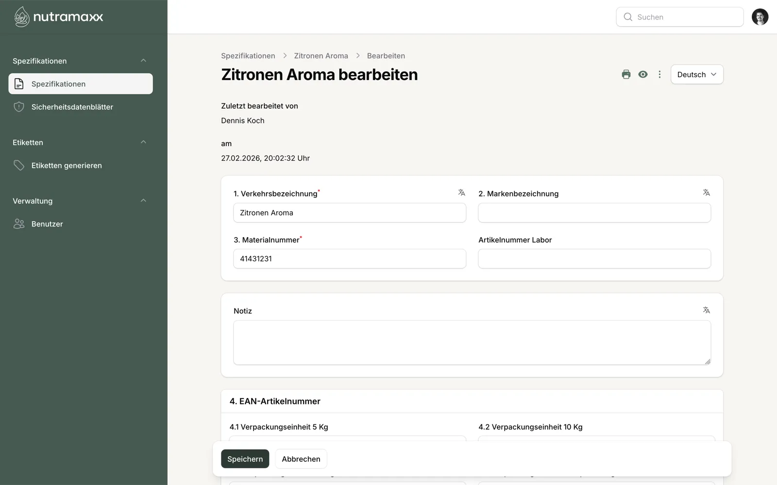 nutramaxx Spezifikations-Verwaltung