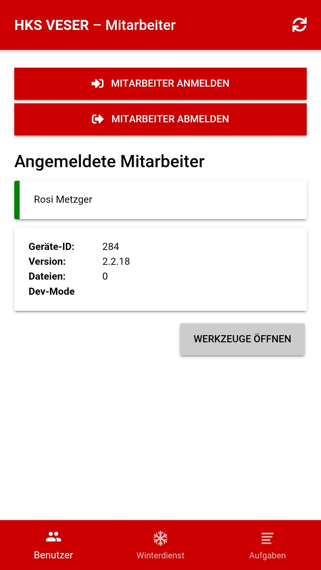 VESER App – Startseite mit Mitarbeiteranmeldung