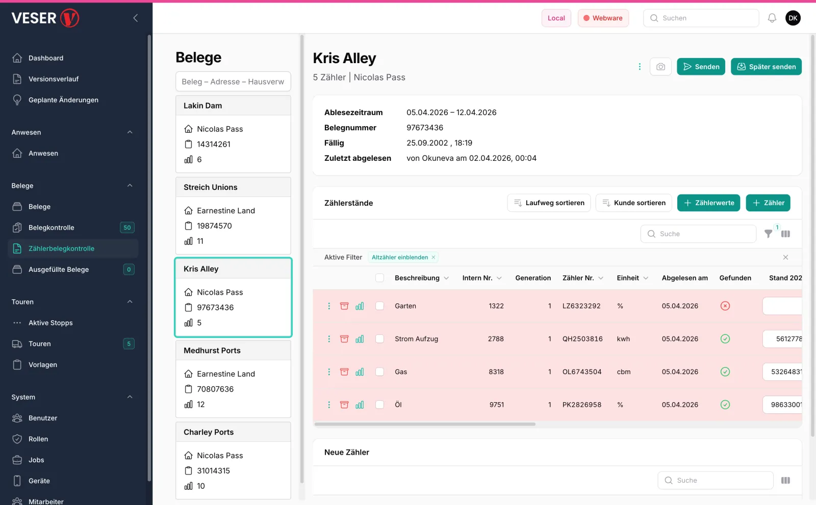 VESER Web-App – Zählerbelegkontrolle