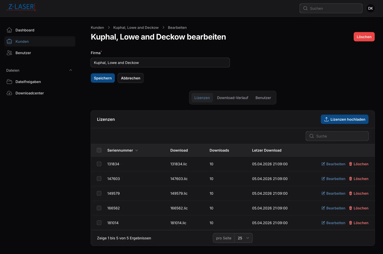 Z-LASER Kundenverwaltung